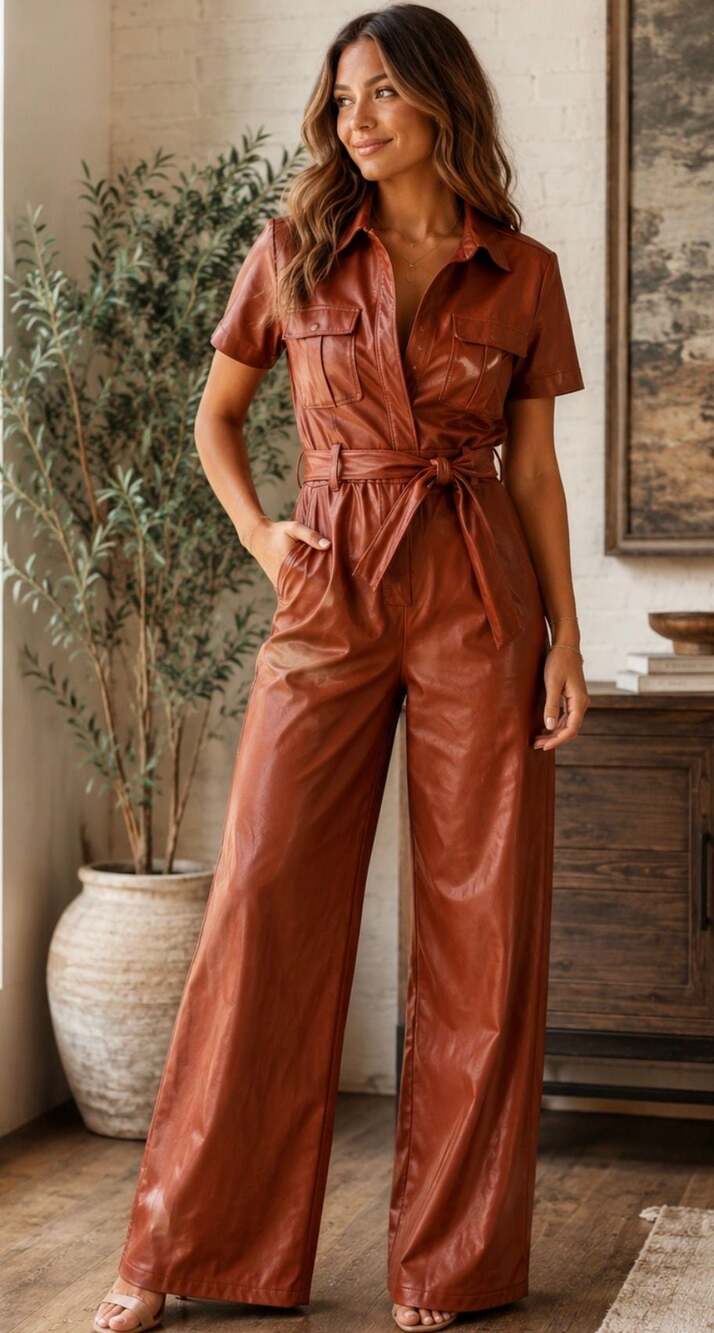 Flying Tomato Faux Leather Utility Jumpsuit Style IP7474 Brown Medium